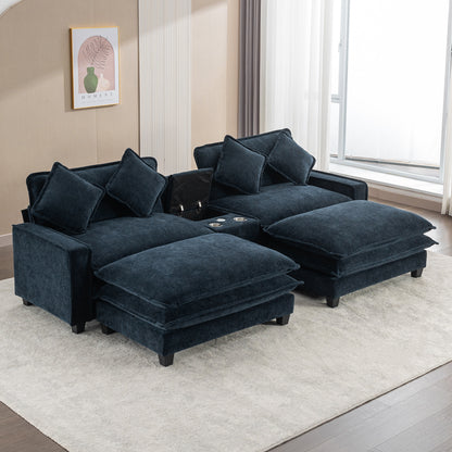 112.6" Sectional Sofa Chenille Upholstered Sofa with Two Removable Ottoman, Two USB Ports, Two Cup Holders and Large Storage Box for Living Room, Blue