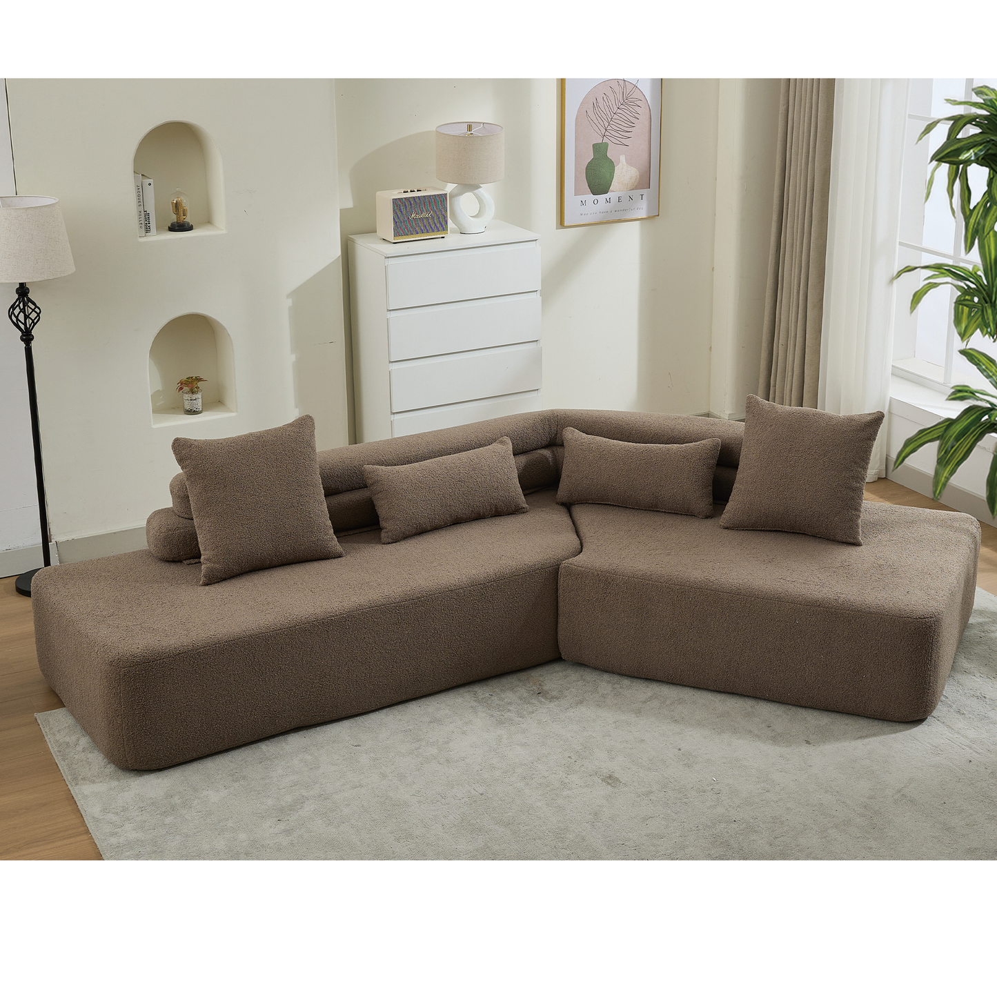 [NEW ARRIVED] [VIDEO PROVIDED] 128"Minimalist Cloud Sectional Couch ,Modern Couches ,4-Seater ,No Assembly,Two modular sofa,Boucle Teddy Fabric, upholstered , anti-wrinkle fabric,Brown