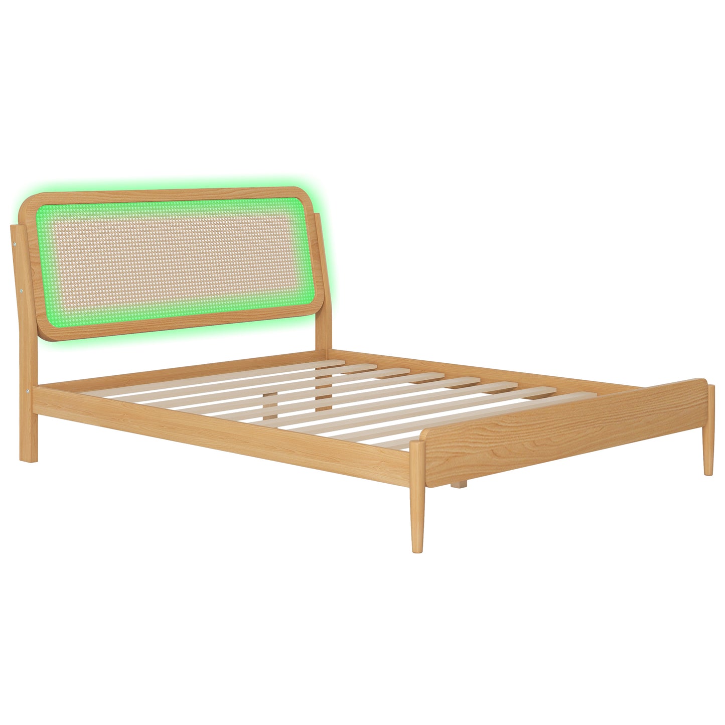 Queen Size Wood Storage Platform Bed with LED Light, Rattan Headboard, Nature