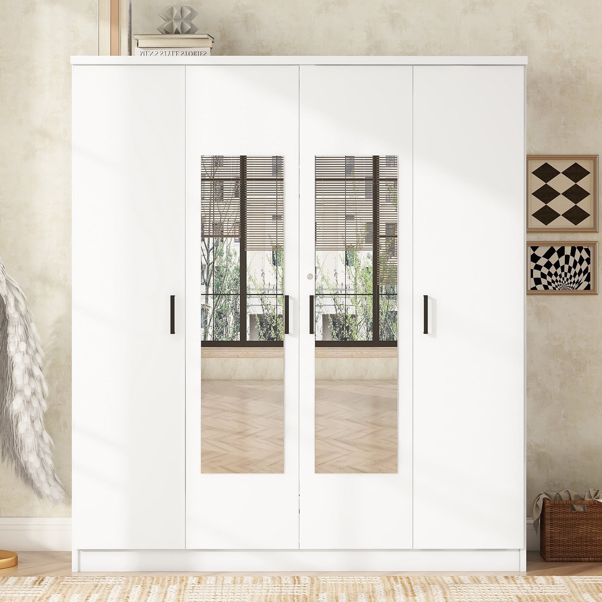 4-Door Mirror Wardrobe with shelves, White - Groovy Boardz