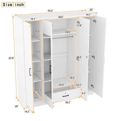 4-Door Mirror Wardrobe with shelves, White - Groovy Boardz