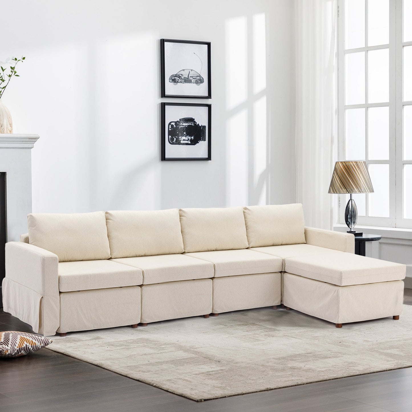 4 Seat Module Sectional Sofa Couch With 1 Ottoman,Seat Cushion and Back Cushion Removable and Washable,Cream - Groovy Boardz