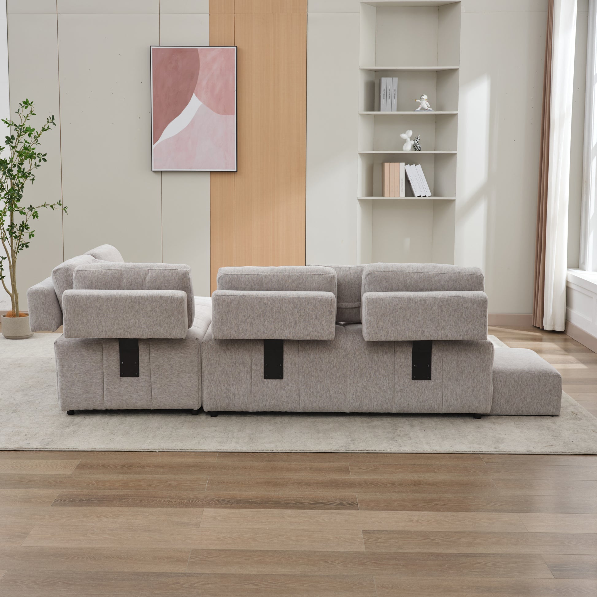 91.73" L-shaped Sofa Sectional Sofa Couch with 2 Stools and 2 Lumbar Pillows for Living Room, Light Grey