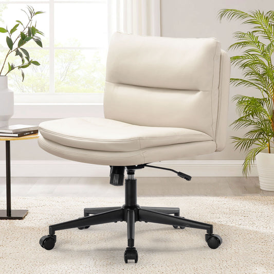 Office Chair Armless Desk Chair with Wheels, PU Padded Wide Seat Home Office Chairs, 120° Rocking Mid Back Cute Computer Chair for Bedroom, Vanity, Makeup