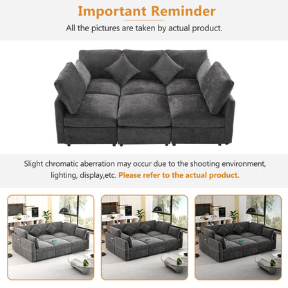 85.4" Sectional Sofa Modular Sofa U-shaped Sofa Couch Sofa Bed L-shaped Sofa with a Movable Ottoman and Two USB Ports for Living Room, Black