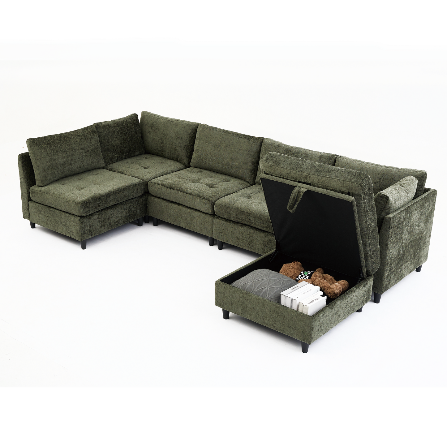 [NEW ARRIVED] [VIDEO PROVIDED]   Modular Sectional Couch with Storage Ottoman, U Shaped Sofa, Storage Ottoman,Minimalist ,Convertible Modular Sofa,Chenille ,Upholstered,6 Seat,Living Room,   Green