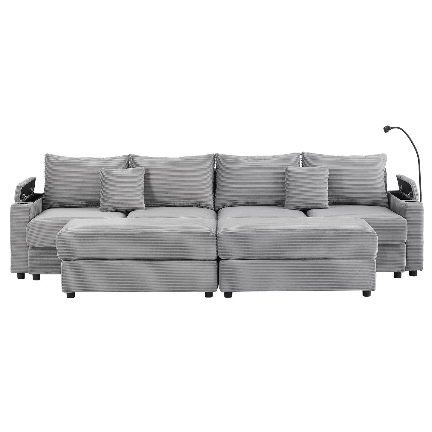 123.2" Modern Style 4-seater Sofa Sectional Sofa Couch with Storage Space, Two Movable Ottomans, Two USB Ports, Two Cup Holders, A Phone Holder for Living Room, Grey