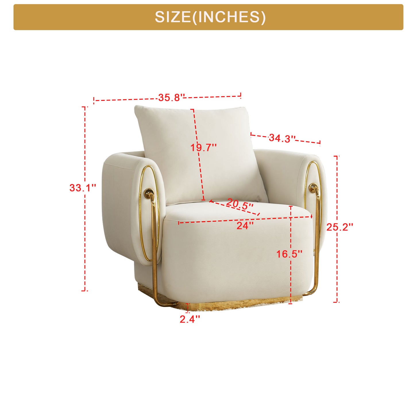 35.83'' W Luxury Modern Single Chair,Accent Chair,Arm Chair for Living Room,Bedroom,Waiting Room,Stainless Steel frame and base in Gold color,Upholstered Soft Velvet Beige Color