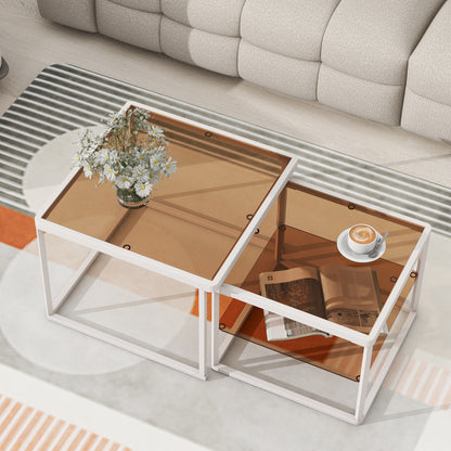 ON-TREND Modern Nested Coffee Table Set with High-low Combination Design, Brown Tempered Glass Cocktail Table with Metal Frame, Length Adjustable 2-Tier Center&End Table for Living Room, White