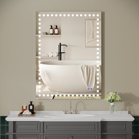 40X32 Inch Led-Lit Bathroom Mirror, Wall Mounted Anti-Fog Memory Rectangular Vanity Mirror With Tri-White Front Circular Light And Touch Sensor Dimmer Switch - Groovy Boardz