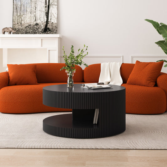 31.5'' Round Coffee Table,Modern Center Table with Storage,Vertical Stripe Design Coffee Table for Living Room,Bedroom(Black)