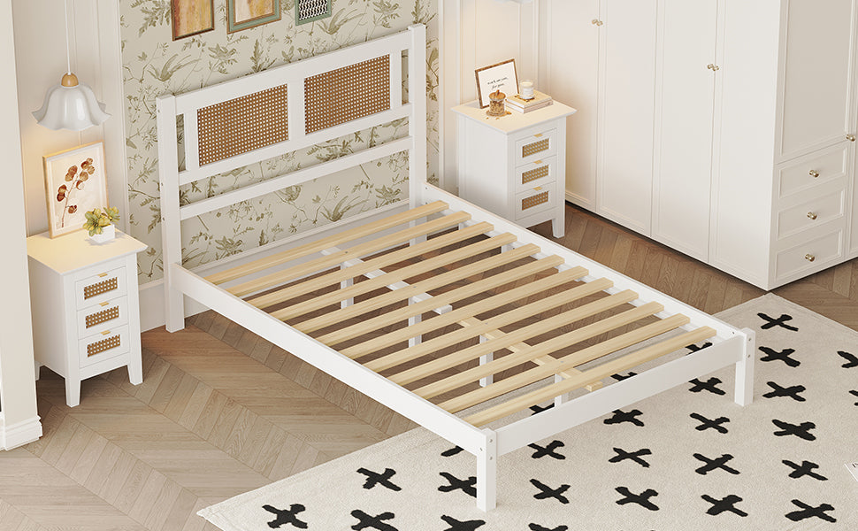 Full Size Wooden Platform Bed with Natural Rattan Headboard, Exquisite Elegance with Minimalist Charm for Bedroom, White