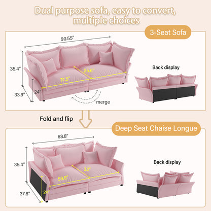 90.55" Modern Comfy Upholstered Sofa Cloud Couch, Deep Seat Couches with Multiple Large Soft Pillows,Convertible Deep Seat Chaise Longue for Living Room Bedroom,Apartment,Office,PINK