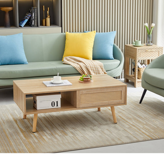 41.34" Rattan Coffee table, sliding door for storage, solid wood legs, Modern table for living room , natural - Groovy Boardz