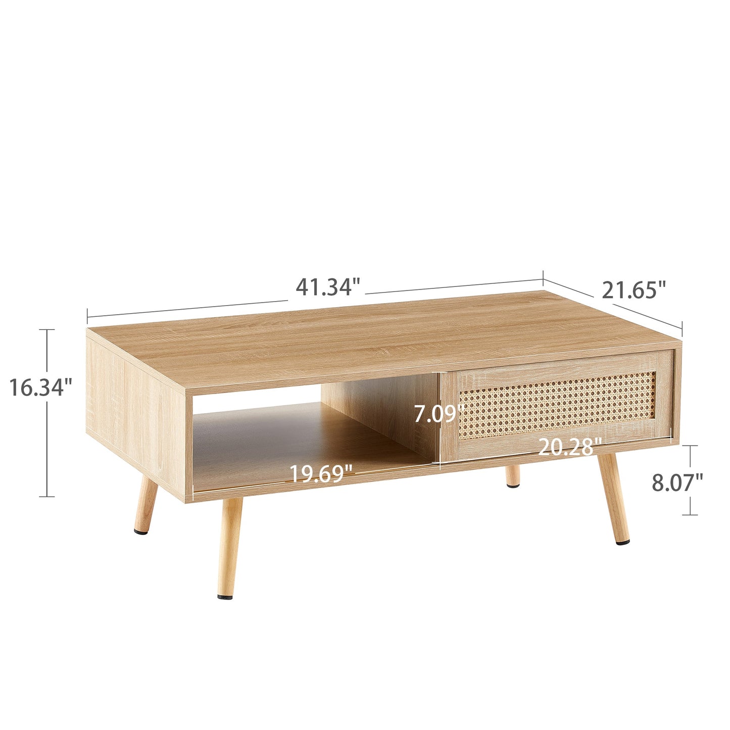41.34" Rattan Coffee table, sliding door for storage, solid wood legs, Modern table for living room , natural - Groovy Boardz