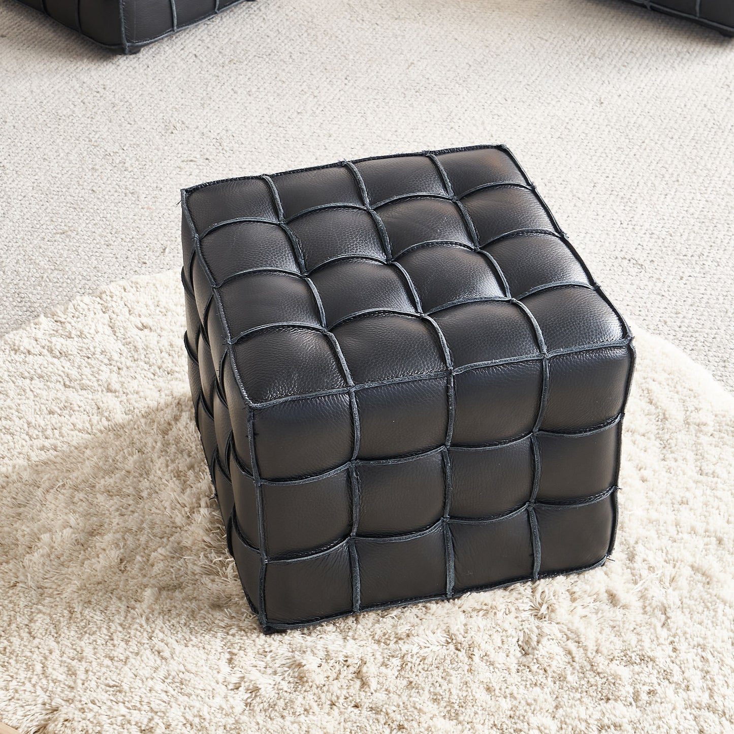 17.32''W Genuine Leather Tufted Ottoman,Footstool for Living Room & Bedroom,Black Color