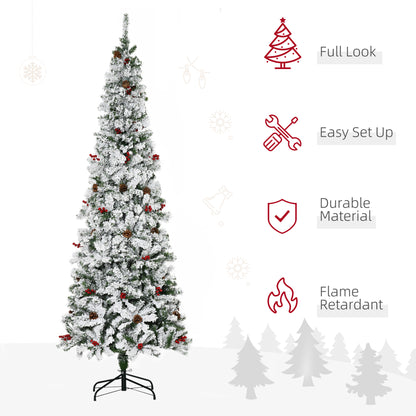 HOMCOM 7.5' Pencil Snow Flocked Artificial Christmas Tree with 600 Pine Realistic Branches, Pine Cones, Red Berries, Auto Open, Green