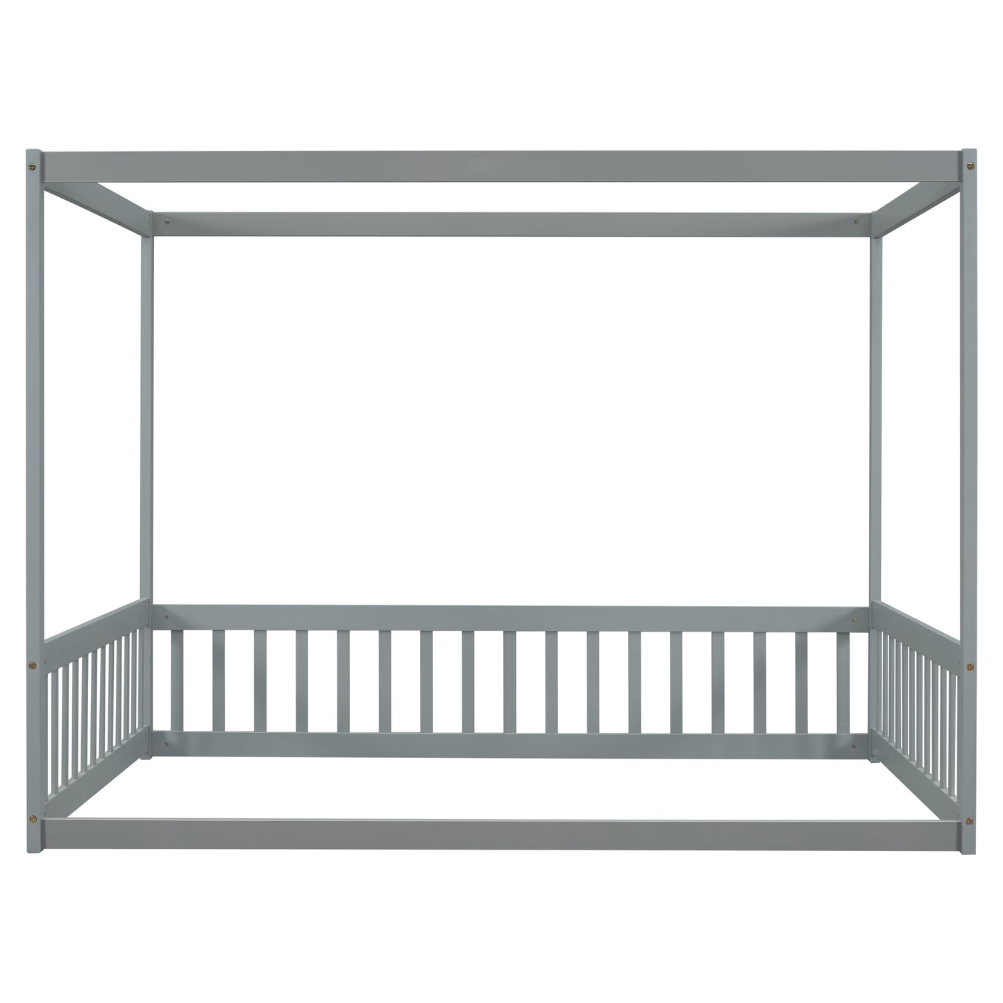 Full Size Canopy Frame Floor Bed with Fence, Guardrails,Grey