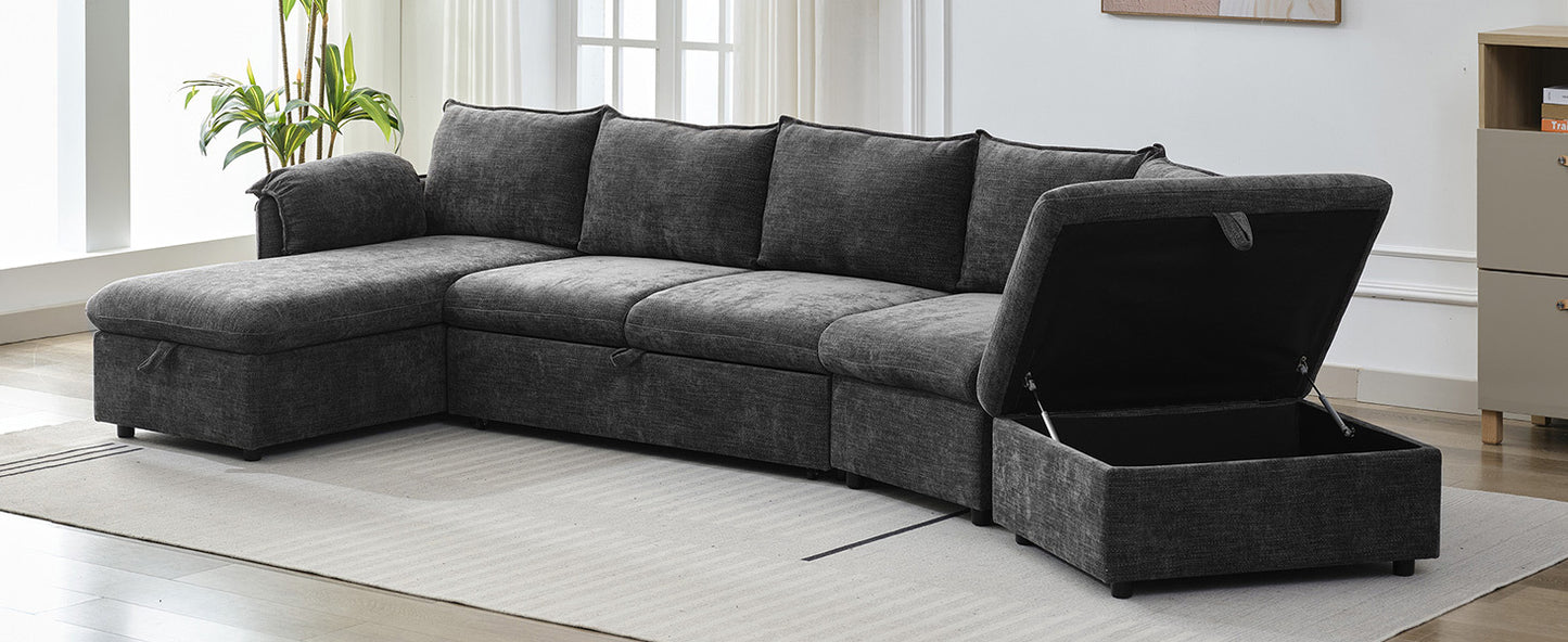 146.9" L-shaped Sofa Sectional Sofa Couch Pull-out Sofa Bed with a Movable Storage Ottoman, a Storage Chaise Lounge and Two USB Ports for Living Room, Grey