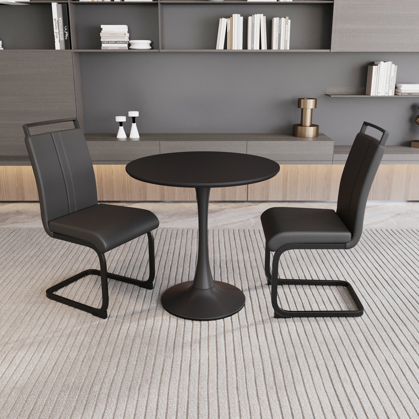 Black circular dining table, 31.5 "tulip dining table, kitchen dining table for 2-4 people, MDF tabletop and base, and 2 black PU black metal leg dining chairs set 2