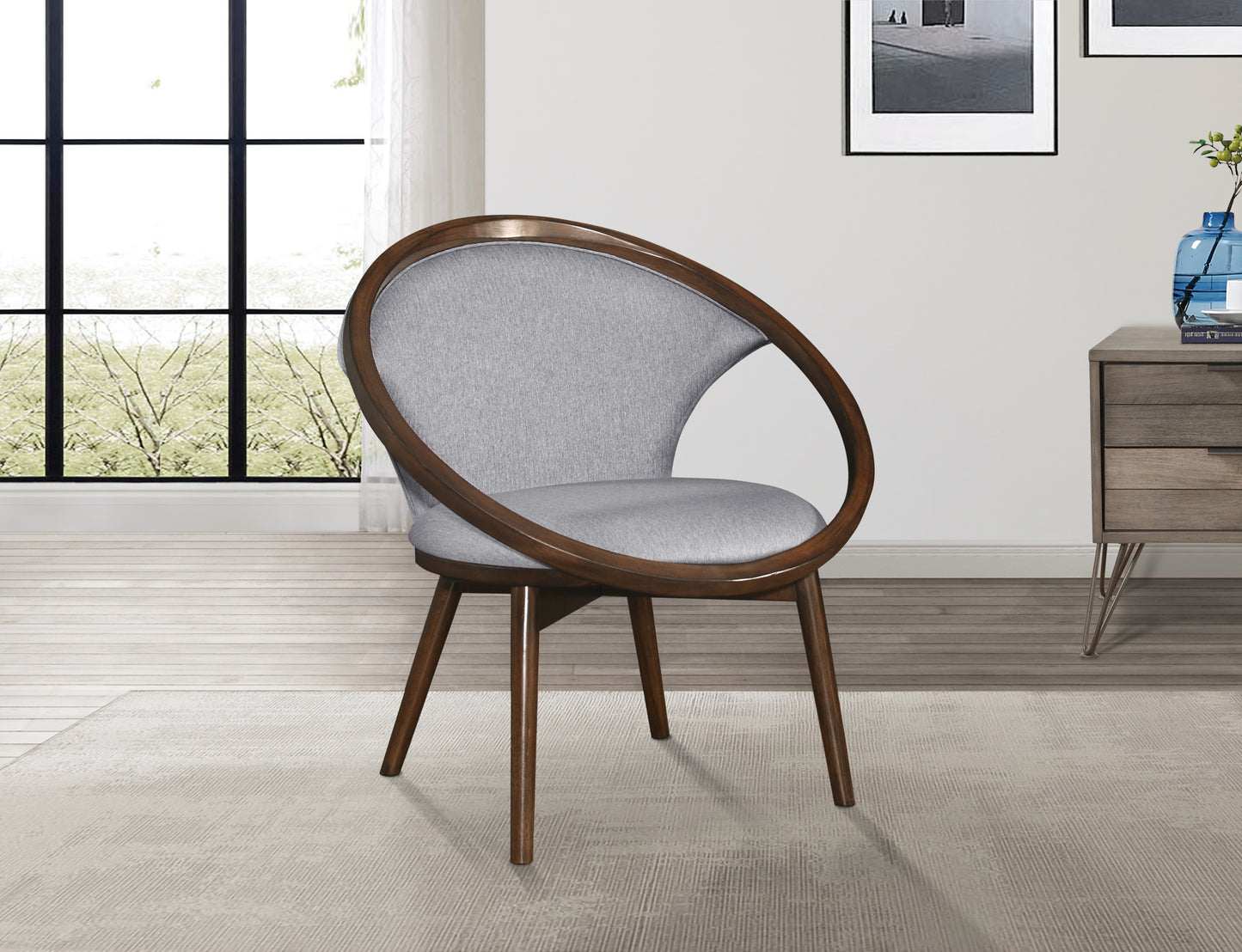 Mid-Century Design Solid Rubberwood Unique Accent Chair 1pc Gray Fabric Upholstered Modern Home Furniture Walnut Finish Frame