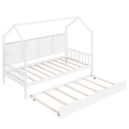 Wooden Twin Size House Bed with Trundle,Kids Bed with Shelf, White