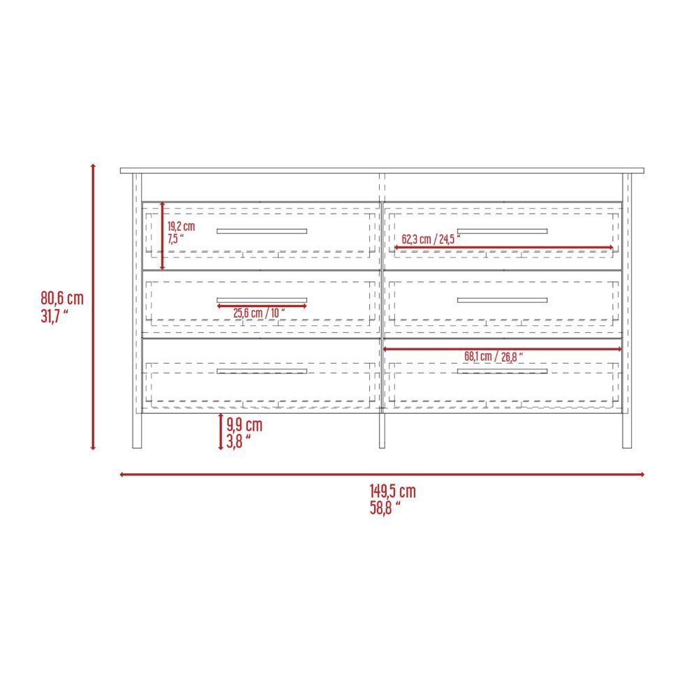 Hms 6 Drawer Double Dresser, Four Legs, Superior Top -Light Oak / White