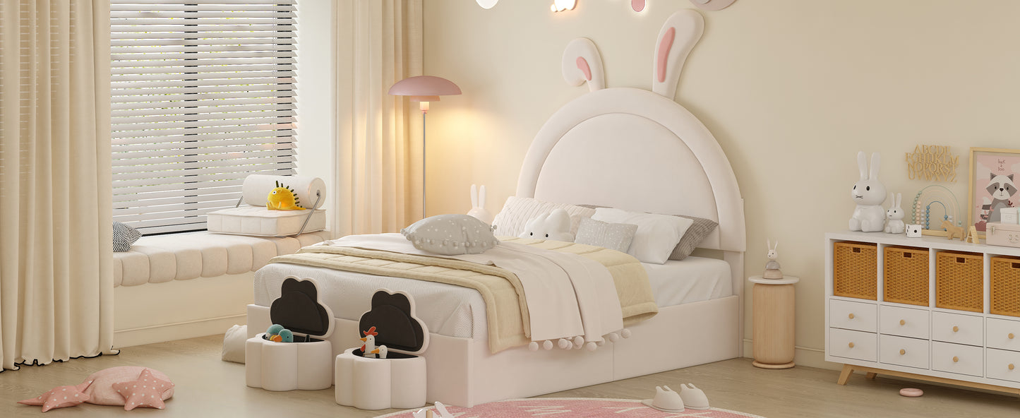 Full size Upholstered Rabbit-Shape Bed with 2 Storage Stools, Velvet Platform Bed with Cartoon Ears Shaped Headboard, White