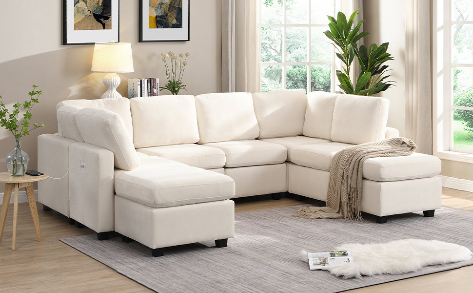 103" Sectional Sofa Couch Sofa Bed U-shaped Sofa with Two Movable Ottoman and Three USB Ports for Living Room, Beige