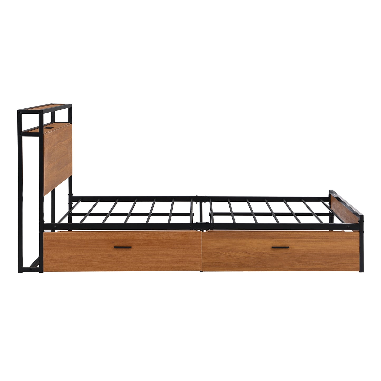 Full Size Metal Platform Bed Frame with  Two Drawers,Sockets and USB Ports ,Slat Support No Box Spring Needed Black