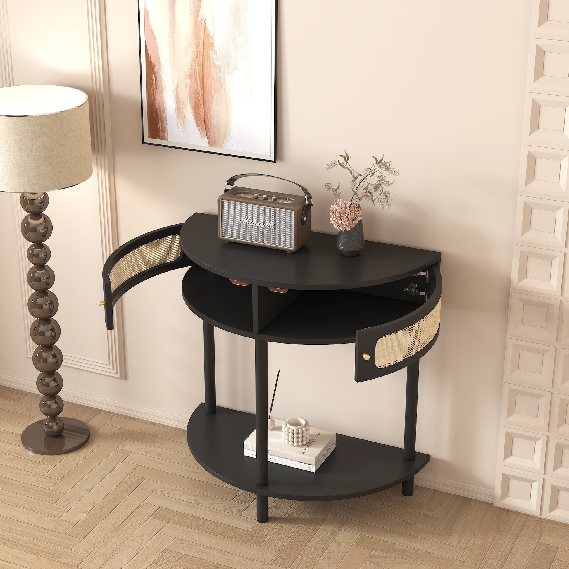 Unique Half Moon Design End Table with Rattan Door,Elegant Semicircle Sofa Side Table with 2 Rattan Storage Cabinet and Bottom Shelf for Living room, Bedroom