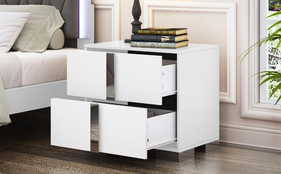 Elegant Nightstand with Metal Handle,Mirrored Bedside Table with 2 Drawers for Bedroom,Living Room,White