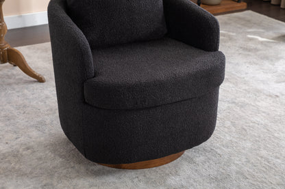 035-Boucle Fabric Swivel Accent Chair With Soild Wood Round Brown Base Leg,Black