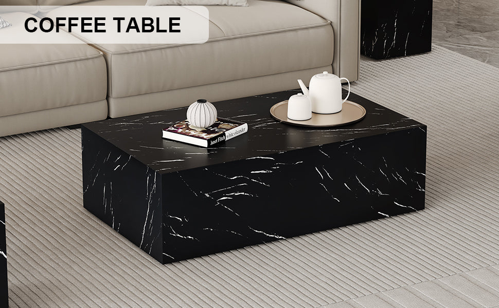 39.3*23.6*11.8 Inch Black Marble Texture MDF Coffee Table - Luxurious Design, Perfect Living Room Accent.Fashion texture design coffee table, suitable for various situations and scenes.