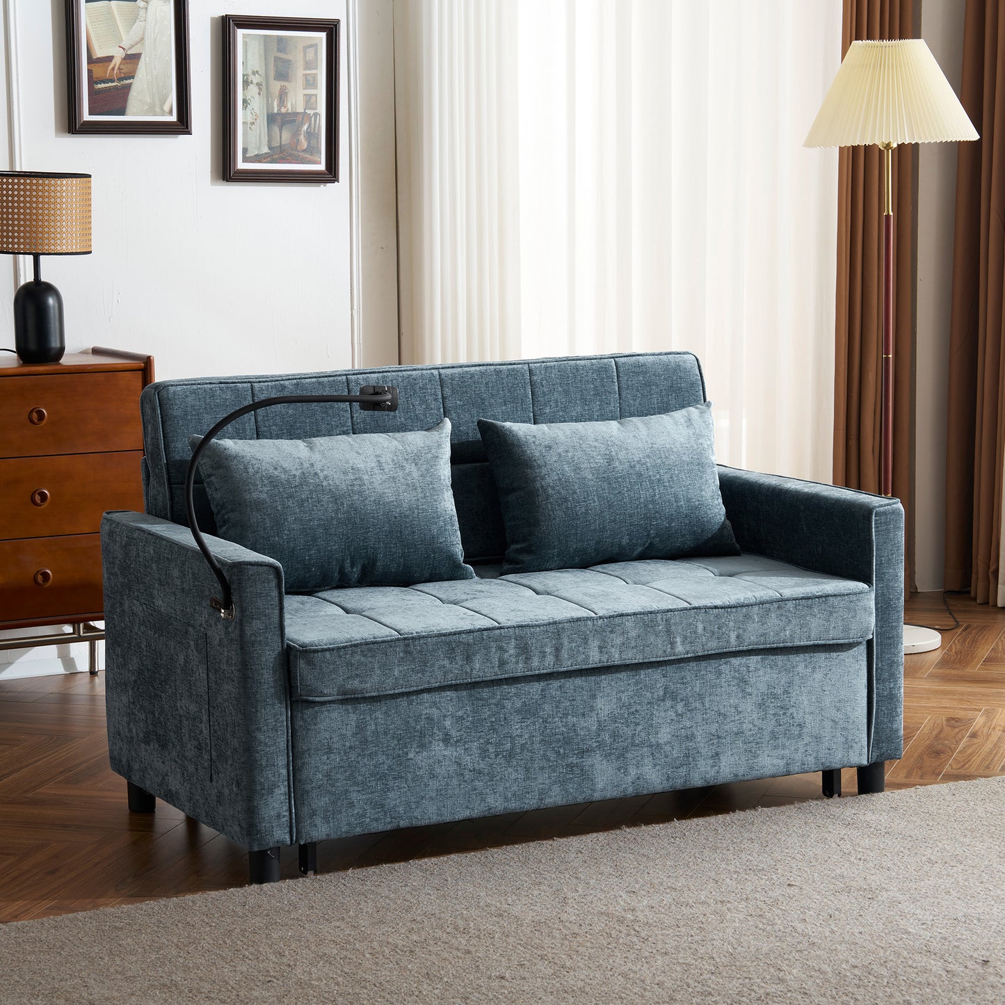 56.9" Loveseat Sofa Pull-out Sofa Bed Sleeper Sofa with a Reversible Backrest Cushion, Side Pockets, Two USB Ports and a Phone Holder for Living Room, Blue