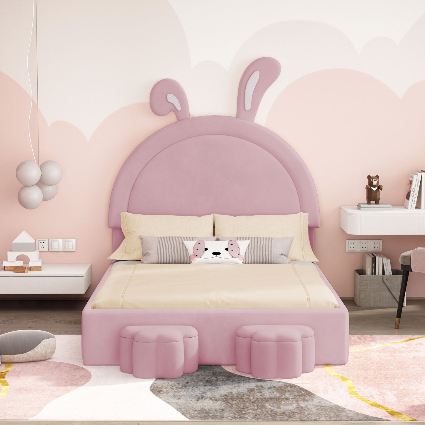 Full size Upholstered Rabbit-Shape Bed with 2 Storage Stools, Velvet Platform Bed with Cartoon Ears Shaped Headboard, Pink