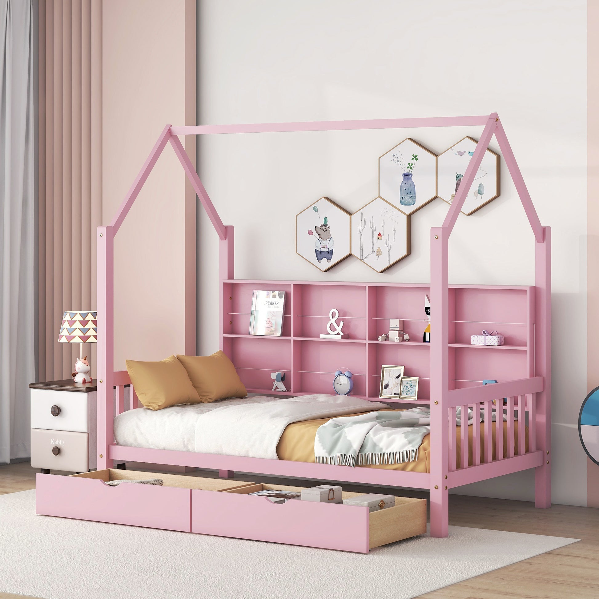 Wooden Twin Size House Bed with 2 Drawers,Kids Bed with Storage Shelf, Pink