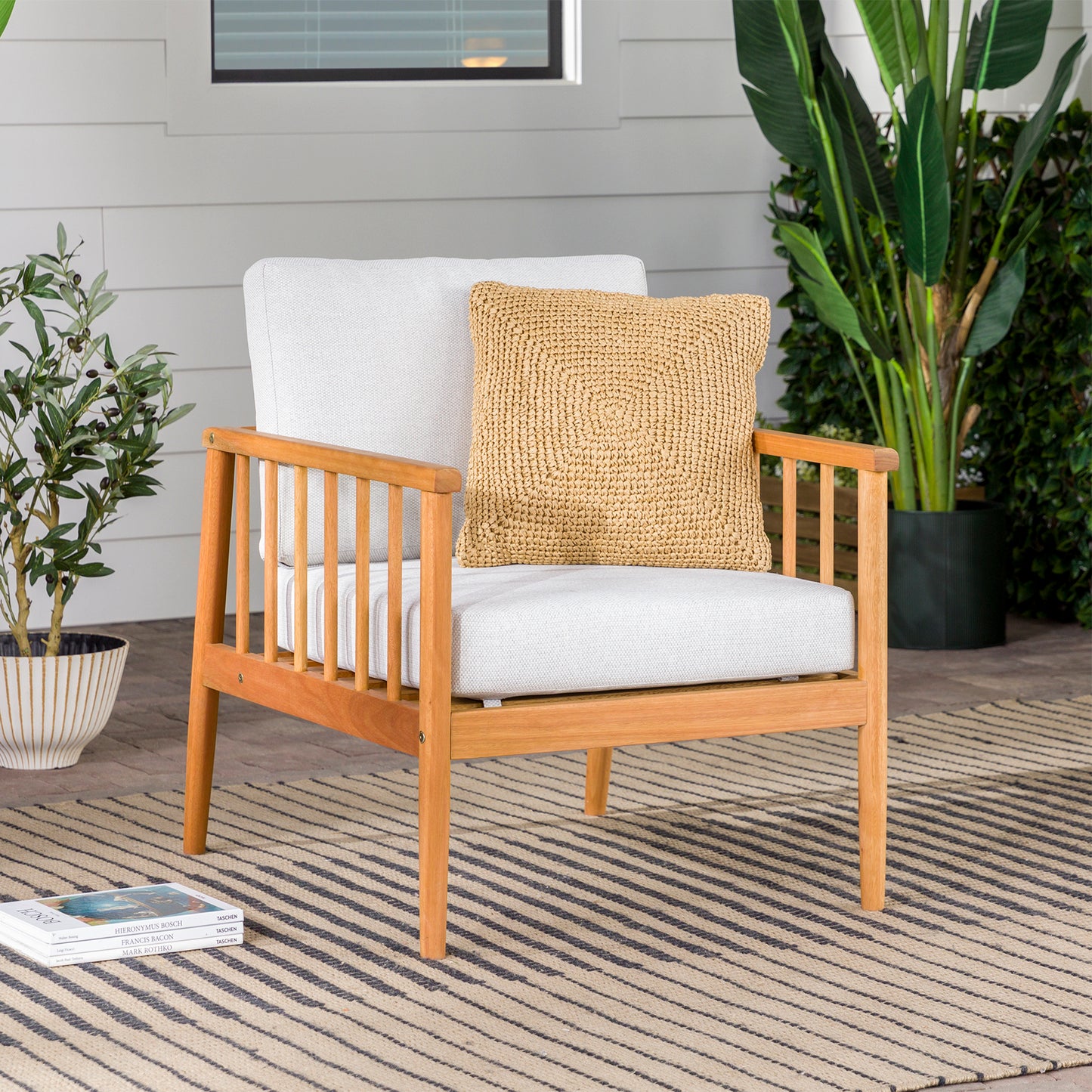 Contemporary Cushioned Eucalyptus Wood Patio Accent Chair – Natural