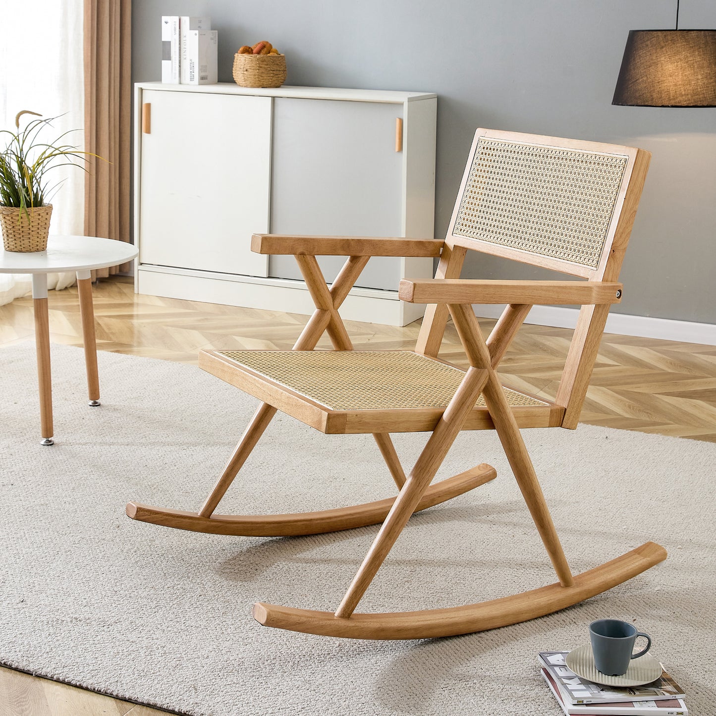 Solid wood+imitation rattan rocking chair allows you to relax quietly indoors and outdoors, enhancing your sense of relaxation, suitable for balconies, gardens, and camping sites