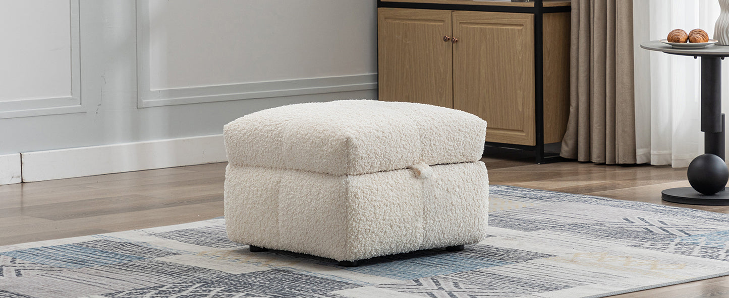 87.7" Sectional Sofa Cozy Teddy Fleece Fabric Sectional Sofa Couch with Two USB Ports a Movable Storage Ottoman and Two Lumbar Pillows for Living Room, Creamy White