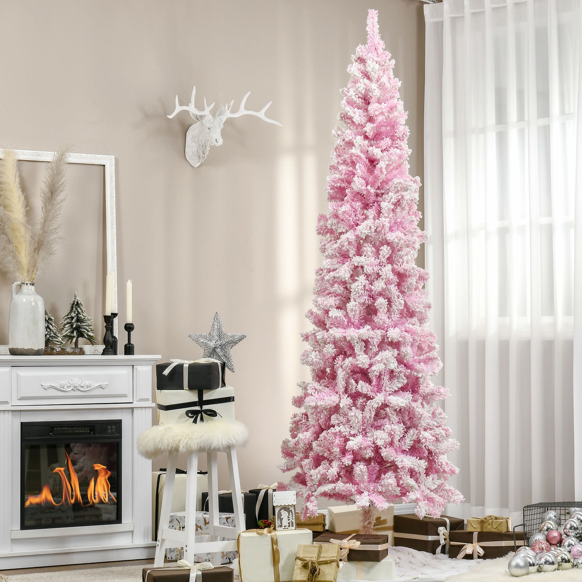 HOMCOM 7.5' Tall Unlit Snow Flocked Artificial Christmas Tree Slim Pencil Xmas Tree with Pine Shape and Realistic Branches, Pink