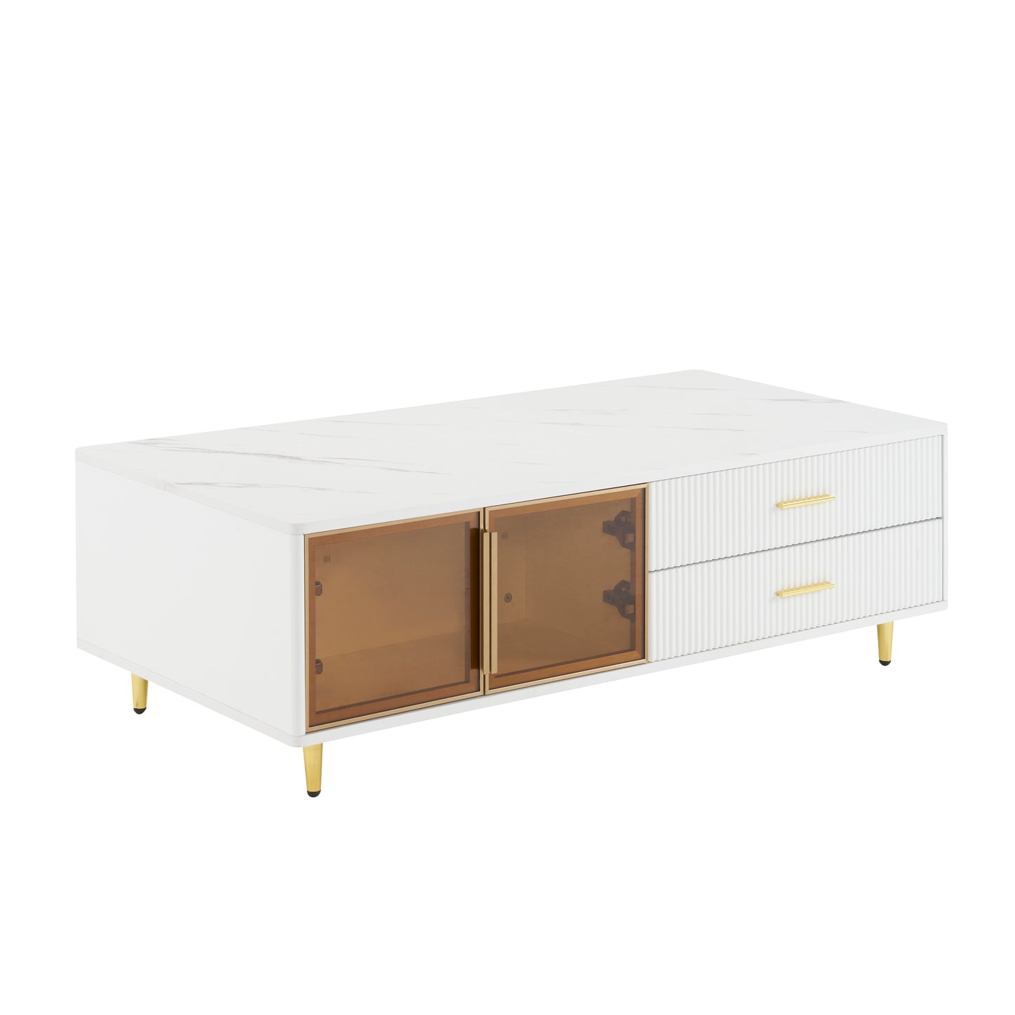 Modern White Coffee Table with 2 Glass Door Storage, 4 Drawers, Gold Metal Legs, and Multi-Color Lighting in 47.2''