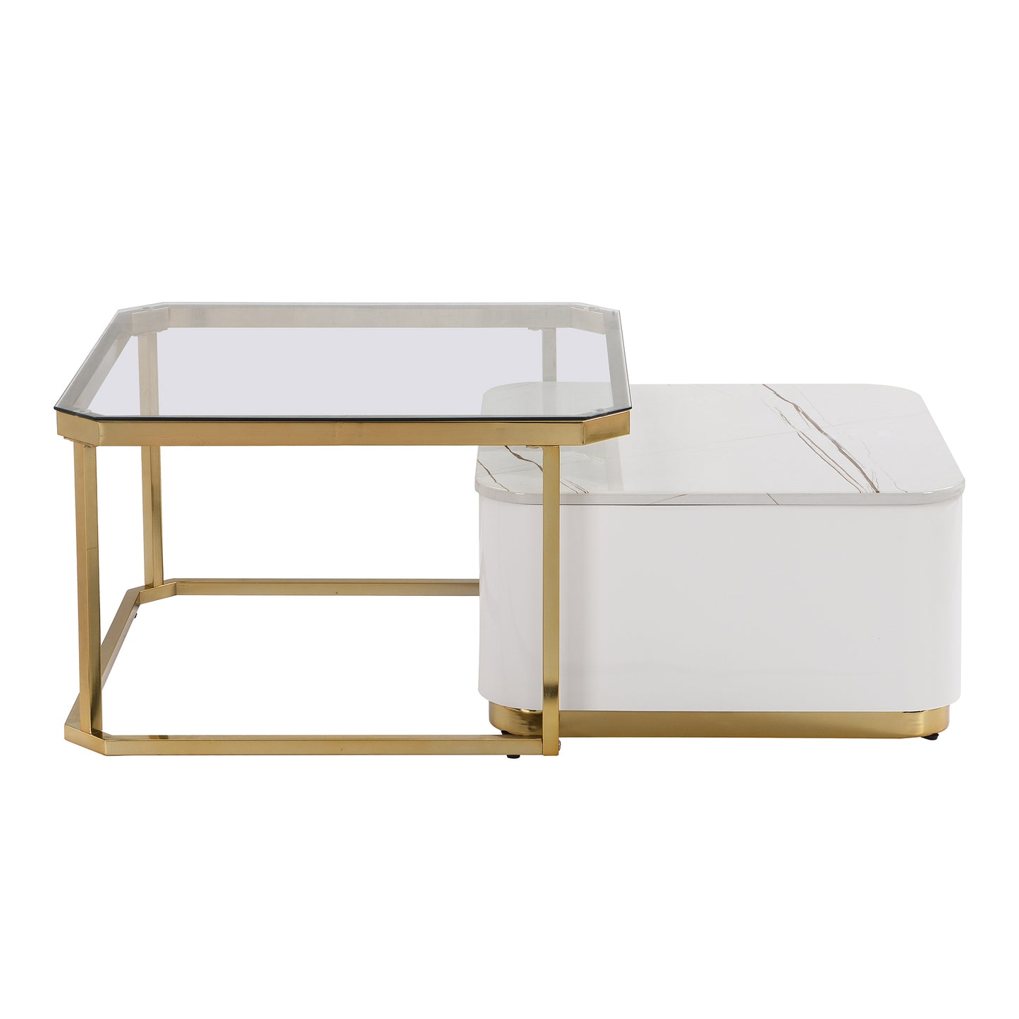 Modern 2 Pieces White  Square Nesting  Coffee Table with Drawers & Electroplated gold legs in 27.6''