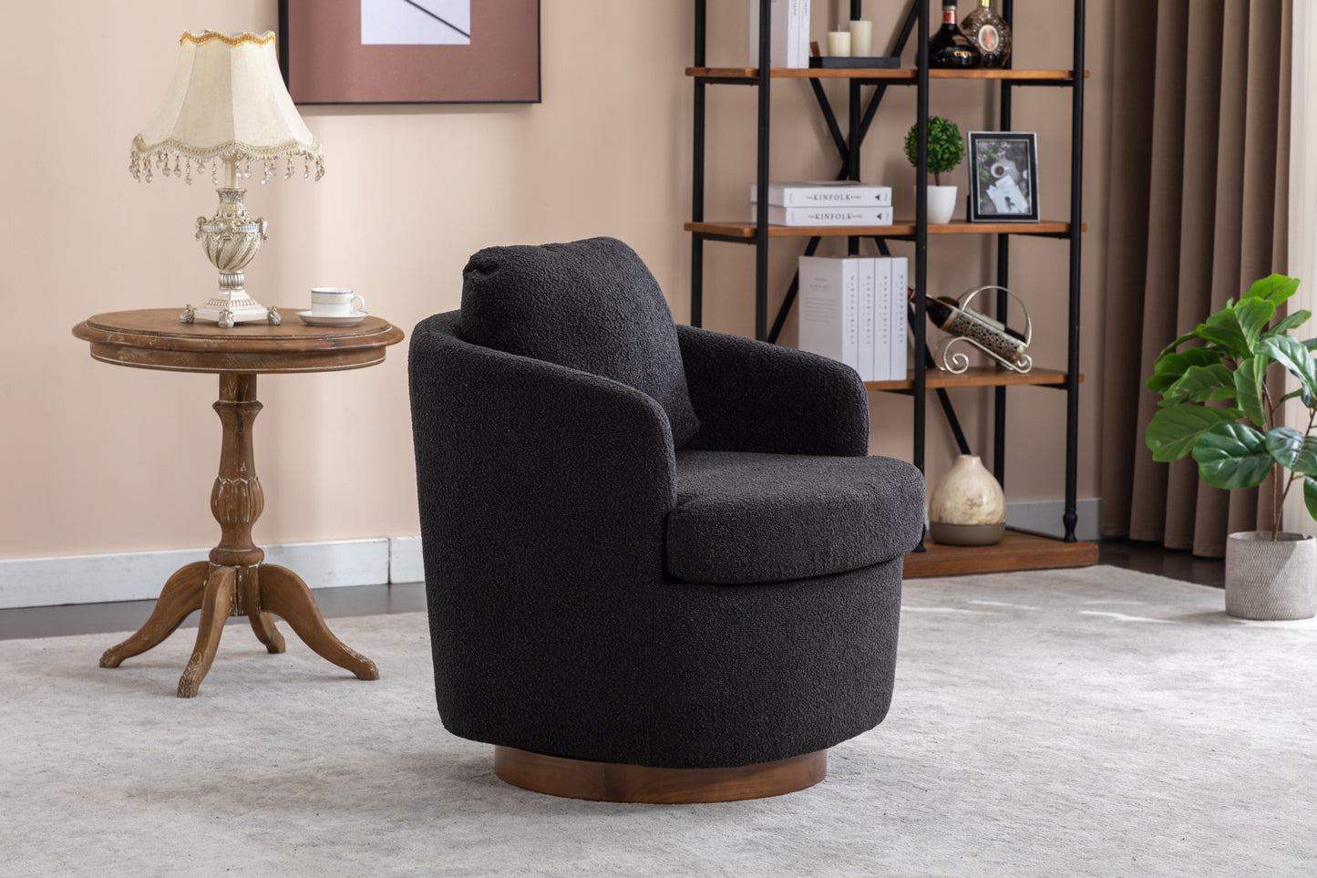 035-Boucle Fabric Swivel Accent Chair With Soild Wood Round Brown Base Leg,Black