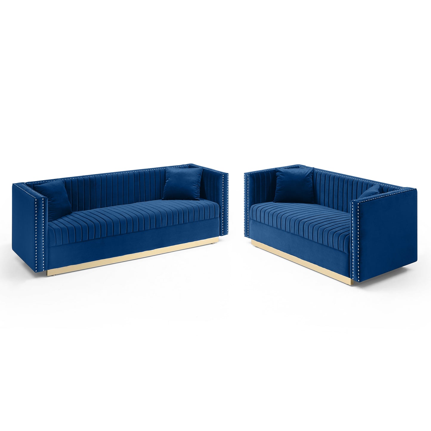 Contemporary Vertical Channel Tufted Velvet Sofa Loveseat Set Modern Upholstered 2pcs set Couch for Living Room Apartment with 4pillows,Blue