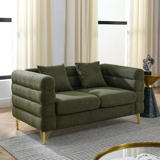 60Inch Oversized 2 Seater Sectional Sofa, Living Room Comfort Fabric Sectional Sofa-Deep Seating Sectional Sofa, Soft Sitting with 2 Pillows for Living Room, Bedroom, Office, Green teddy( W834S00032)