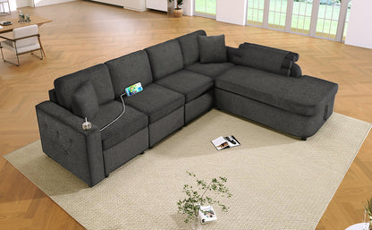 109.8"L-shaped Couch Sectional Sofa with Storage Chaise,Cup Holder and USB Ports for Living Room, Black