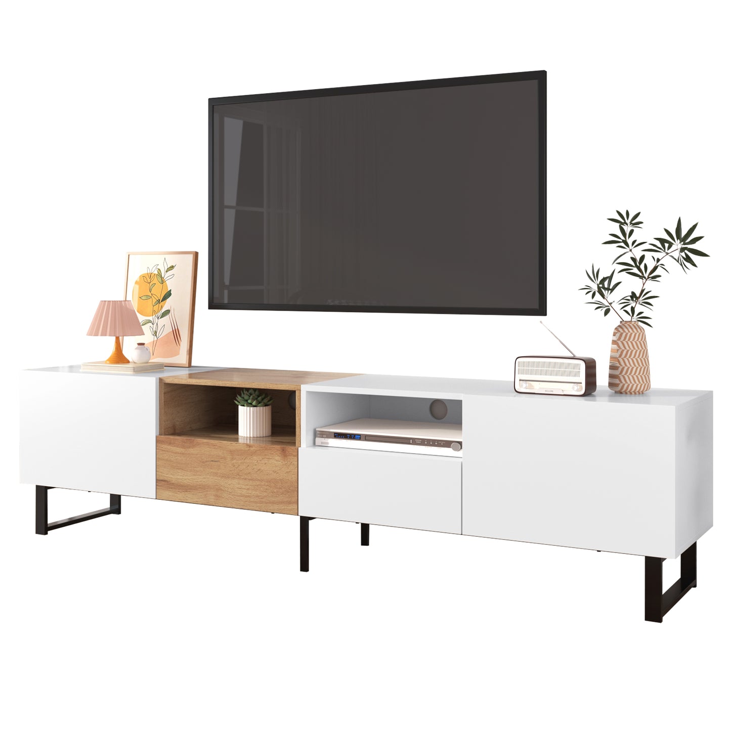 Modern TV Stand with 2 Cabinets& Open Storage Compartment, Color-matching Media Console Table for TVs up to 85'', Entertainment Center with Drop Down Door for Living Room, Bedroom, Home Theatre