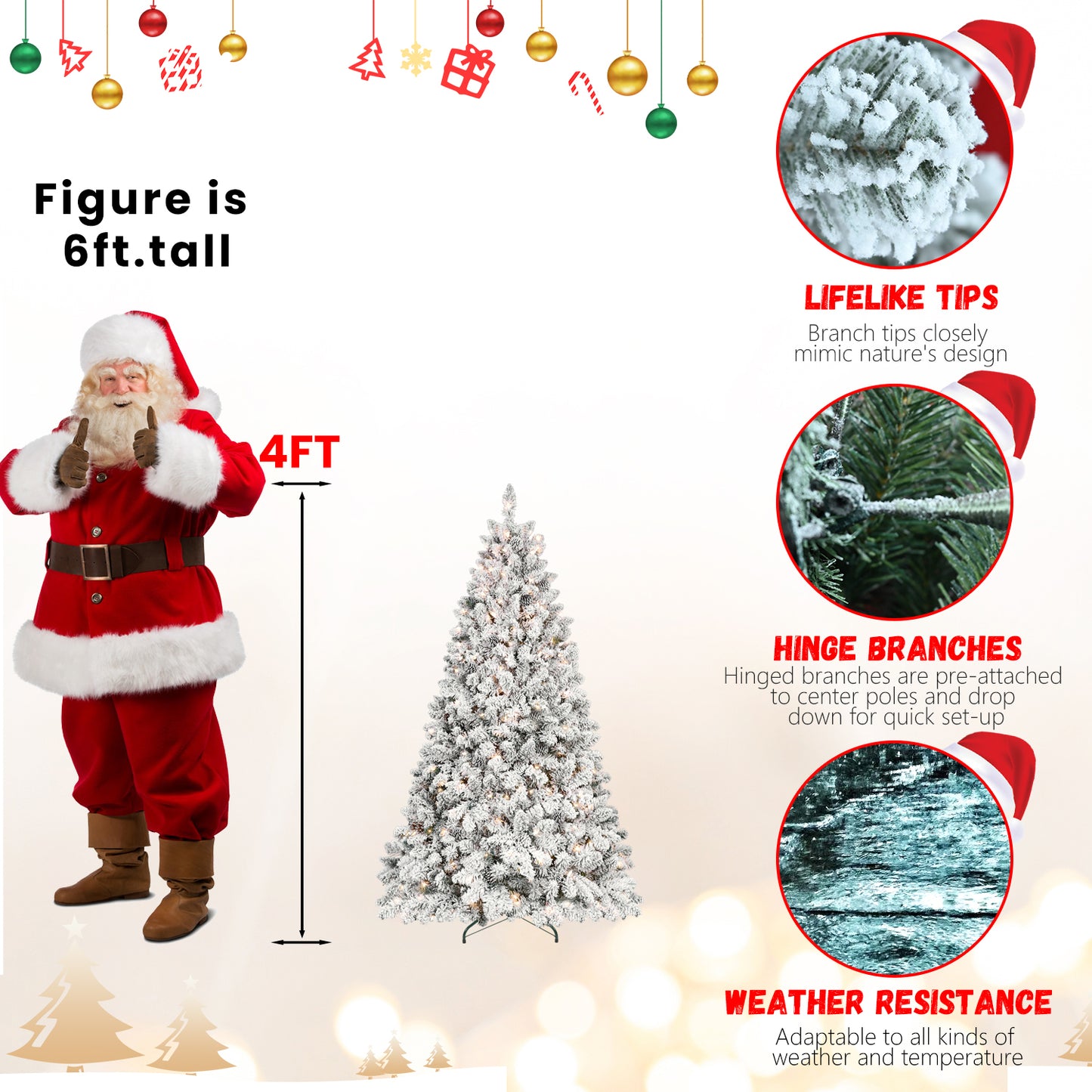 9FT Snow-Flocked Artificial Christmas Tree with Pine Cones, Prelit Xmas Trees, Hinged Easy Assembly & Reinforced Metal Base - Ideal for Indoor & Outdoor Festive Decorations