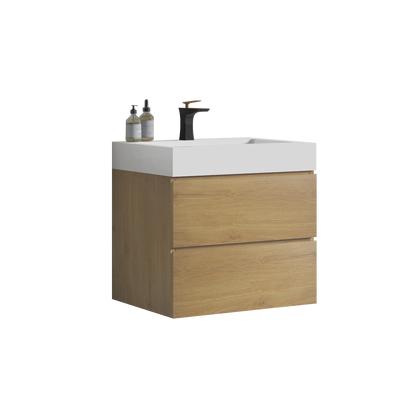 U040-Alice24-106 Alice 24" Natural Oak Bathroom Vanity with Sink, Large Storage Wall Mounted Floating Bathroom Vanity for Modern Bathroom, One-Piece Glossy White Sink Basin without Drain and Fauce